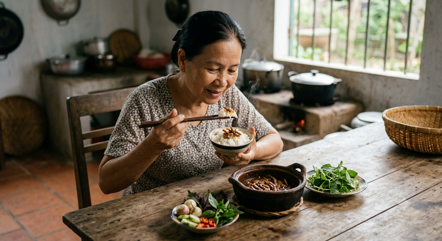 Ăn mắm cá cơm trực tiếp với cơm nóng